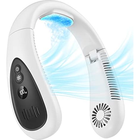 Aire acondicionado de cuello, ventilador portátil con almohadilla de enfriamiento, flujo de aire de 360°, ventilador USB recargable de 5000 mAh, manos libres, plegable, sin aspas, para hombres, mujere