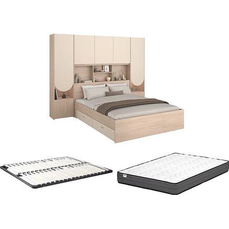Letto a ponte 160 x 200 cm con vani portaoggetti - Con LED - Beige e naturale + Rete + Materasso - DOMELITO (1/5)