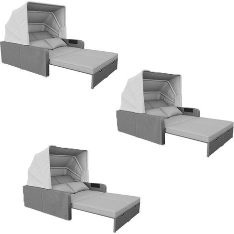 3er-Set polyrattan Gartenmöbel für 2 Personen, Gartensofa, Loungesofa, Abnehmbare Markise,Polyrattan und Schwamm,Grau