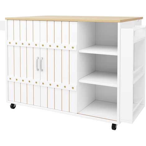 Carro de cocina blanco con ruedas, encimera abatible, 3 cajones y puertas correderas (1/5)