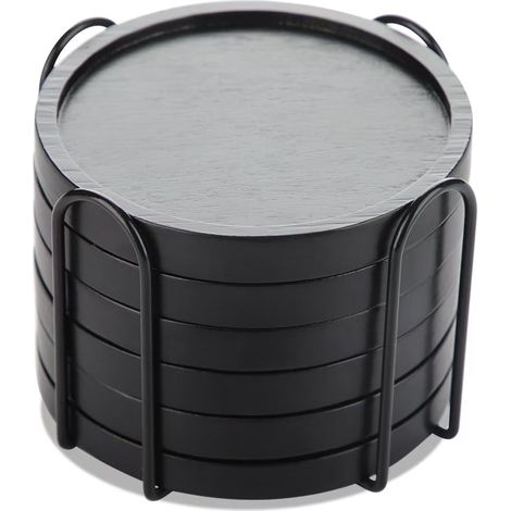 Lot de 6 dessous de verre ronds en bois de bambou avec support, dessous de verre en bois noir pour boissons, bar, tasses, verre (1/5)