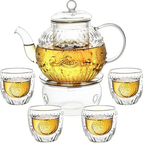 1000ml Theiere avec Infuseur, Théières en Verre Borosilicate avec Chauffant et 4 Tasses, Classique Anti-Goutte et bec Théière Idéal pour Thé en Vrac Aux Fruits Thé en Fleurs et Tisanes (1/5)