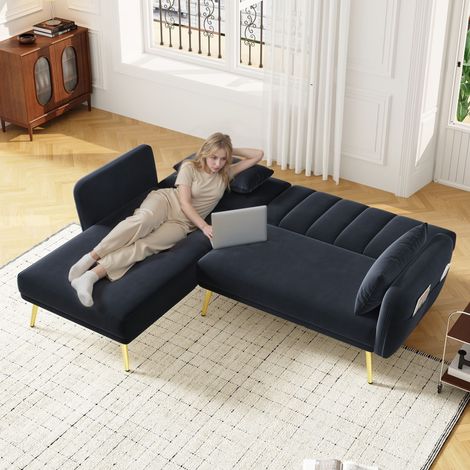 Modernes Schlafsofa, Ecksofa mit seitlichen Staufächern, integrierter Sitzfläche, ideal fürs Wohnzimmer, 191,5 x 130 x 80 cm, schwarz