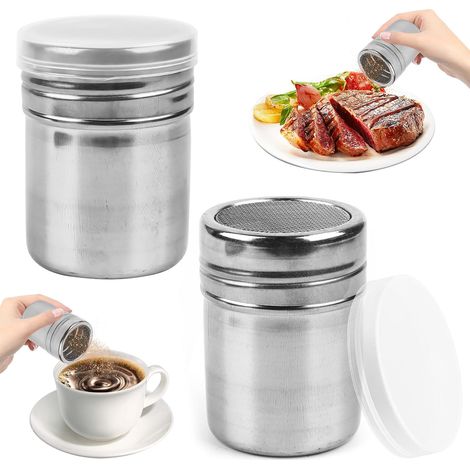 Lot de 2 saupoudreurs en acier inoxydable avec couvercle frais, saupoudreur de cacao, cappuccino, poudre, saupoudreuse à sucre en poudre, tamis à sucre en poudre, tamis à farine pour cacao, café, (1/5)