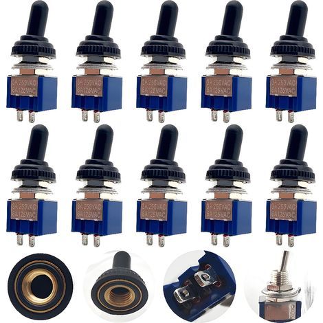 10 Stück Mini-Kippschalter, AC 125V/6A, 250V/3A, 2-polig SPDT Ein-Aus, 2 Positionen selbsthaltend für Autoteile (Blau + 10 Stk. wasserdichte Kappen) (1/5)