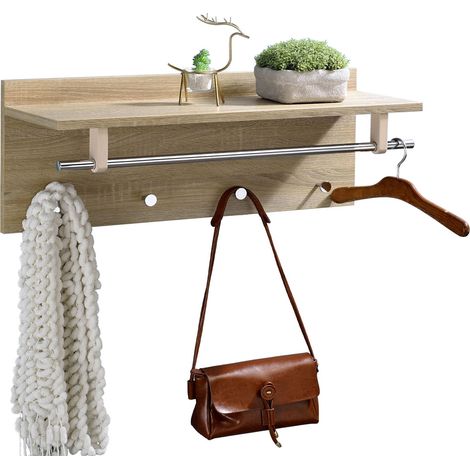Idimex – Porte-manteaux mural 4 crochets – Panneau en bois décor chêne sonoma – Fixation murale incluse – Dimensions 75x24cm (1/3)