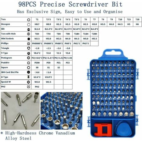Kit di viti da precisione 110 in 1, set multifunzione magnetico per laptop, orologi, giocattoli, gioielli, occhiali e elettrodomestici (blu) (1/3)