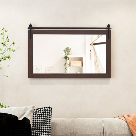 100 X 66CM Miroir Murale de Ferme Style Porte de Grange Rectangulaire Miroir Murale avec Cadre en Bois Massif & Support en Métal Décor Mural (1/3)