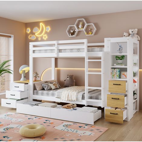Letto a castello per bambini 90x200 cm in legno con contenitore, cassetti, ripiano laterale e comodino, bianco (1/5)