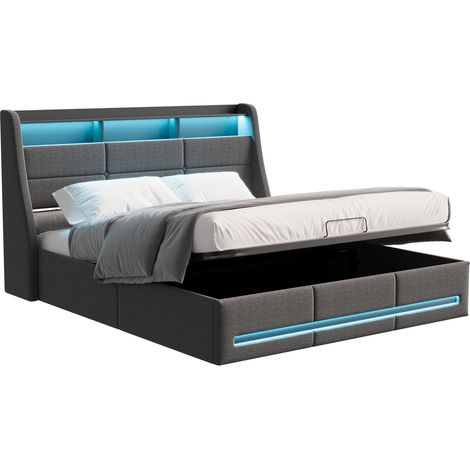 FOERPL-Großes Bett 160 x 200 cm mit Stauraum, LED-Beleuchtung und USB-Anschluss, gepolstertes Bettgestell 160 x 200 cm mit hydraulischem Stauraum und Lattenrost, gepolstertes Kopfteil mit Stauraum, Do