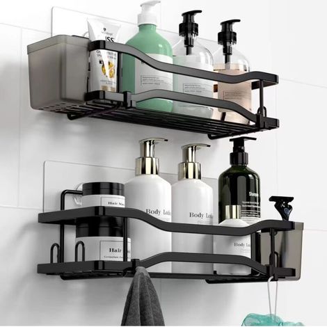 Bathroom Holder, No Drilling Shower Holder, Stainless Steel Bathroom Holder with 4 Hooks, Black (1/5)