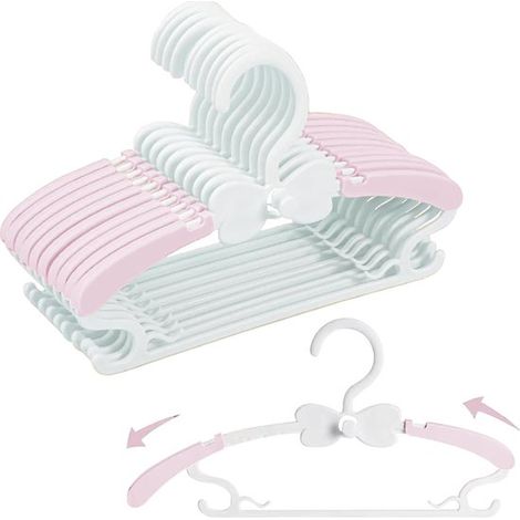 Grucce per abiti da bambino - Set da 20 pezzi, 28-37 cm, in plastica, impilabili con gancio a farfalla, antiscivolo, estensibili, rosa e bianche. (1/5)