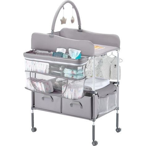 Table à Langer Pliable, Plan à Langer 2 Tiroirs en Tissu, Panier Latéral et Tringle de Suspension, Meuble pour Bébé Réglable en Hauteur, avec Roulettes Verrouillables et 2 Jouets Étoiles, Gris (1/5)