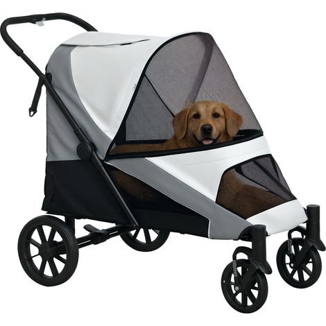 Poussette pour chien, poussette pliable pour grands chiens, poussette pour animaux de compagnie à 4 roues, laisses de sécurité, freins, grise