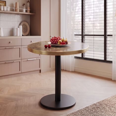 Table d'appoint ronde moderne, plateau aspect marbre avec bord doré, cadre en métal stable noir/or, table basse design (1/5)