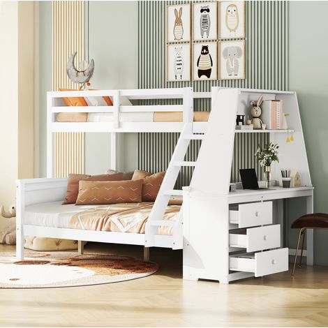 Lit superposé enfant en bois et MDF blanc 90 x 200 cm + 140 x 200 cm, bureau, bibliothèque, 3 tiroirs, étagère et garde-corps haut – de FLORAGRACE (1/5)