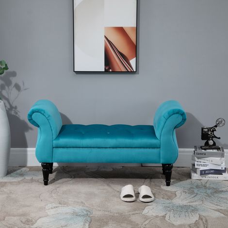 Banc lit style vintage cadre en bois siège tapissé style Chesterfield clair - Dimensions: 117x40x58 cm - Couleur: Bleu
