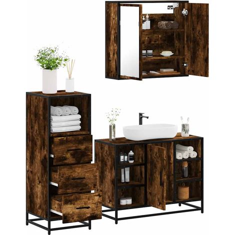Ensemble meubles salle de bain 3 pièces avec miroir, meuble lavabo, chêne fumé, 69kg - PANGIVO (1/5)