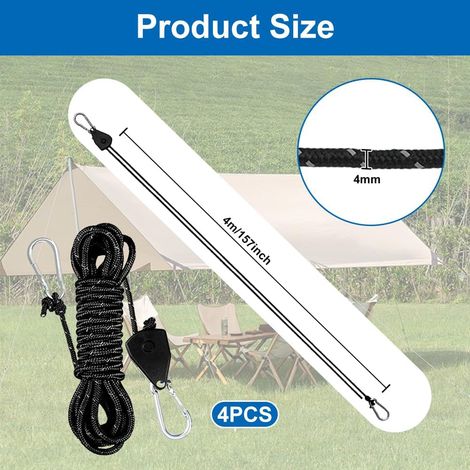 4 Stck verstellbare Ratschenseile, 4 m x 4 mm reflektierendes Zeltseil,  Zelt-Abspannleine mit Seilspanner, leichtes Ratschen-Campingseil,  Ratschenseile fr Zelte, Markisen
