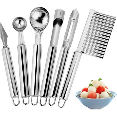 6-in-1 Obstwerkzeugset: Obstschnitzmesser, Wassermelonenausstecher, Eiskugelportionierer, Apfelentkerner, Melonenschäler, Kartoffelschneider für die Zubereitung von Obst und Gemüse (6-teilig) (1/4)