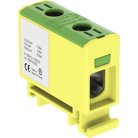 Connecteur alu cuivre vert jaune pour câble de section 1,5 à 50mm² - 1000V AC/DC - Fixation rail DIN (1/2)