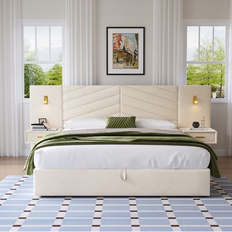 Cama dormitorio con almacenamiento y mesitas beige OKMYHOME (1/5)