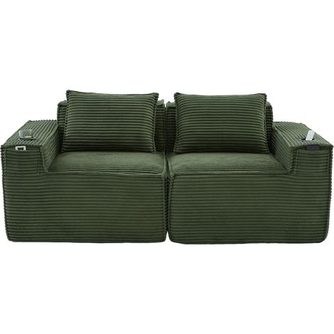 Sofá modular de 2 plazas en terciopelo acanalado verde con portavasos y bolsillos (1/5)