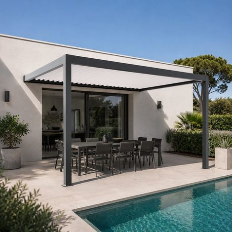 Pergola Bioclimatique Aluminium Adossée Motorisée Éclairée 4x3,5 Anthracite SV ORIAL France (1/5)