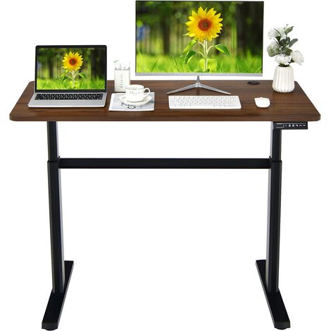 COSTWAY Scrivania Elettrica Regolabile in Altezza 73-122cm, 4 Postazioni di Memorie, Marrone Rustico (1/5)