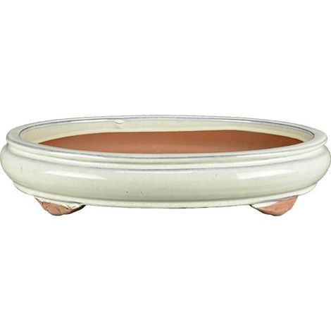Vaso per bonsai ovale in gres smaltato bianco 34x27,5x4,5 cm - J023b