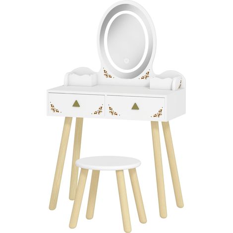 Toeletta per bambini 2 in 1 scrivania 60 x 30 x 99,3 cm specchio LED touch 3 livelli contenitore seduta scandinava in MDF bianco 210000271