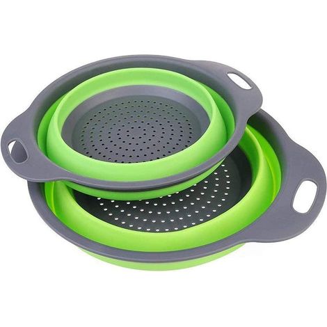 Lot de deux passoires pliables rondes en silicone pour égoutter pâtes et légumes grand et petit modèle pour cuisine
