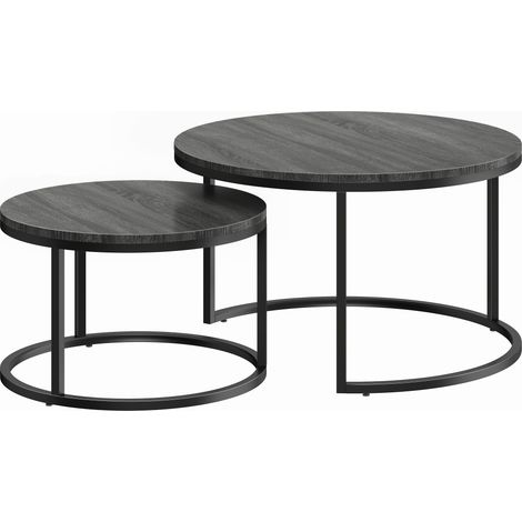 Lot de 2 tables gigognes empilables, style industriel, plateau bois et piètement métal noir. (1/5)