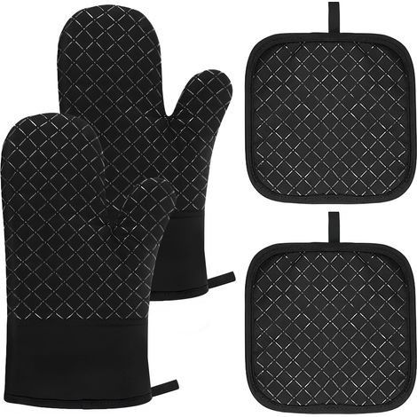 1 Paire Gants de Cuisine avec 2 Plaids en Silicone Noir,27 x 17cm Manique,Silicone et Coton Maniques Cuisine,Anti - Blanchiment Gant Cuisine Four,Gant de Cuisine pour Cuisson,la Cuisson,Le Barbecue (1/5)