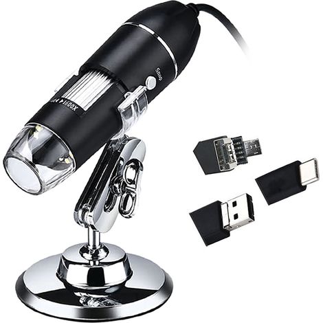 3-in-1-Digitalmikroskop, USB-C-Anschluss, 1600-fache Vergrößerung, 8-LED-Kamera mit Stativ, kompatibel mit Android, Windows XP, Win 7, 8, 10, Vista, Linux, Mac, tragbare Inspektionslupe (1/2)