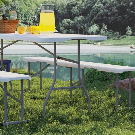 Table de pique-nique 3 pièces pliante : 2 bancs et table en métal et HDPE, gris clair et blanc