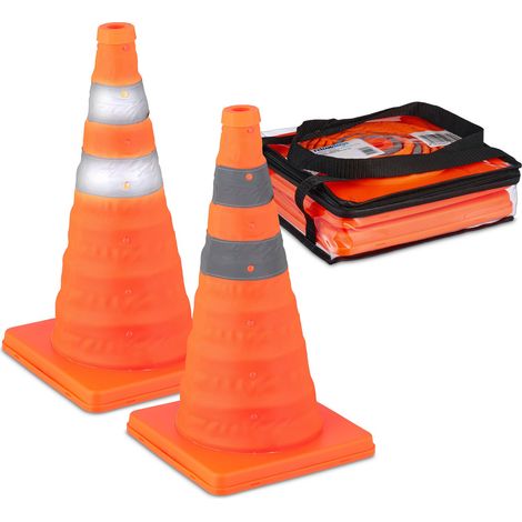 Relaxdays Pylonen groß, 2er Set Leitkegel faltbar, Reflektor-Streifen, Faltkegel, HBT 45 x 24,5 x 24,5 cm, orange/silber