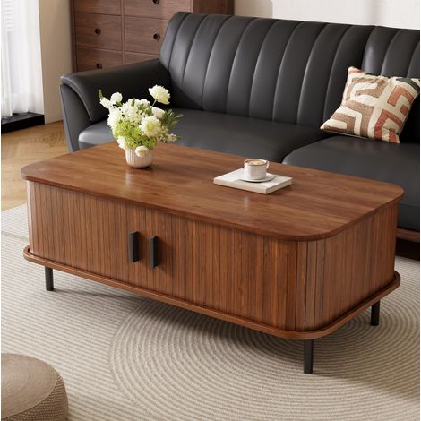 Tavolino da caffè 120x55 cm con ante scorrevoli e vano contenitore, struttura a doghe, pannelli in MDF e noce (1/5)