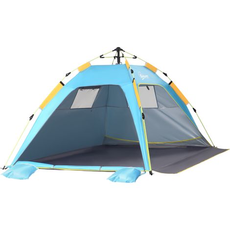 Tente de plage pop-up 1-2 personnes 2 accès 2 fenêtres avec sac de transport 220x173x120 cm bleu clair