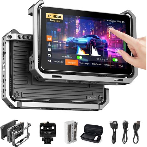 DC-X2 2000 Nits Kit Moniteur vidéo de Terrain avec Cage, écran Tactile 6" 4K HDMI DSLR Moniteur caméra avec Pare-Soleil, Batterie, Mise au Point HD 1920X1080, Lut 3D, Forme d'onde complète (1/5)