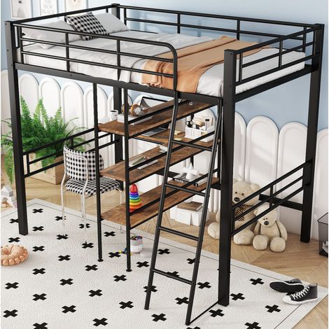 Lit mezzanine 90x200 cm noir en métal avec bureau, étagères, échelle et garde-corps (1/5)