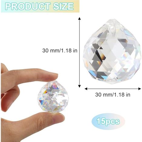Lot de 15 cristaux à suspendre - Attrape-soleil - 30 mm - Attrape-lumière - Boules de verre de cristal - Prisme avec trou - Pour mariage, maison, bureau, décoration