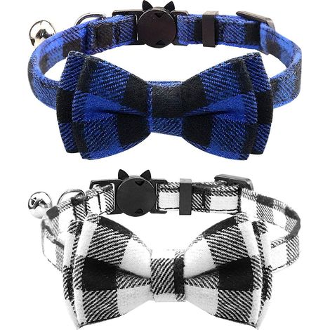 Collier de sécurité pour chat avec nœud papillon et clochette, jolis motifs à carreaux, lot de 1 ou 2 colliers de sécurité pour chat (1/4)