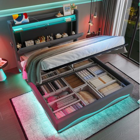 lit adulte double rangement LED 140x200 velours gris OKMYHOME (1/5)