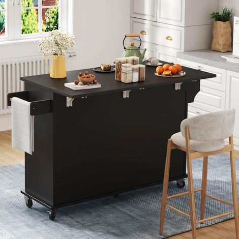 Îlot de cuisine mobile noir 120 cm avec plateau rabattable, desserte sur roulettes, meuble de rangement 4 portes et 1 tiroir, porte-épices intégré (1/5)