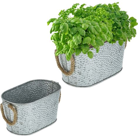 Relaxdays Vasi Zincati Ovali, Set da 2 Portavasi dall’Aspetto Martellato, Contenitori Decorativi con Manici, Argentati