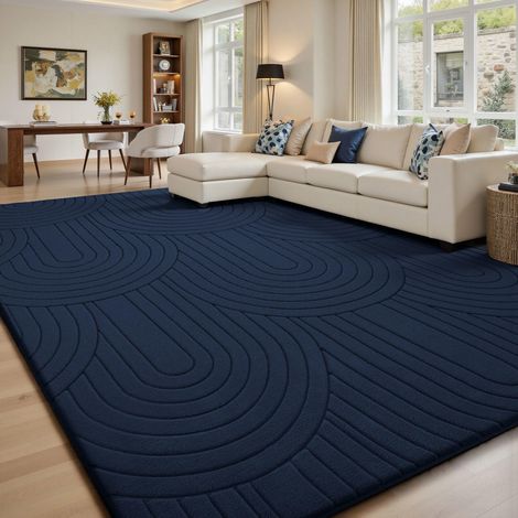 Tapis de Salon, 120x160cm, 3D à Motif Semi-Circulaire, Bleu foncé, Lavable, Moelleux, antidérapant, pour Chambre à Coucher, Chambre d'enfant (1/5)