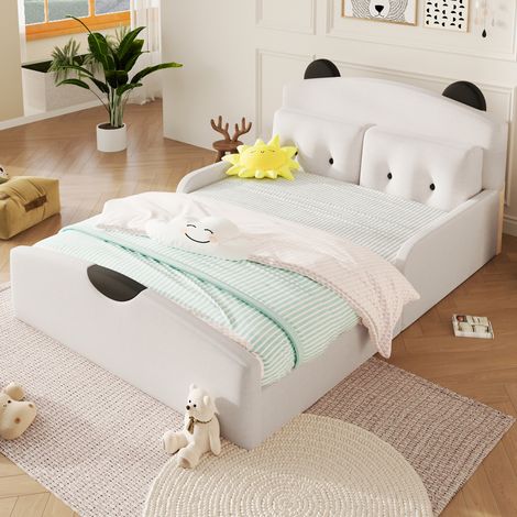 Letto a piattaforma 140x200 in lino, testiera imbottita a orso, 2 cuscini, bianco HAVRYA (1/5)