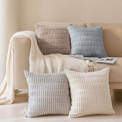 Kissenbezüge (4-teiliges Set), 45 x 45 cm, Cord, gestreift, Landhausstil, Bohème-Stil, moderne Dekokissenbezüge, geeignet für Sofas/Schlafzimmer (grau/beige)