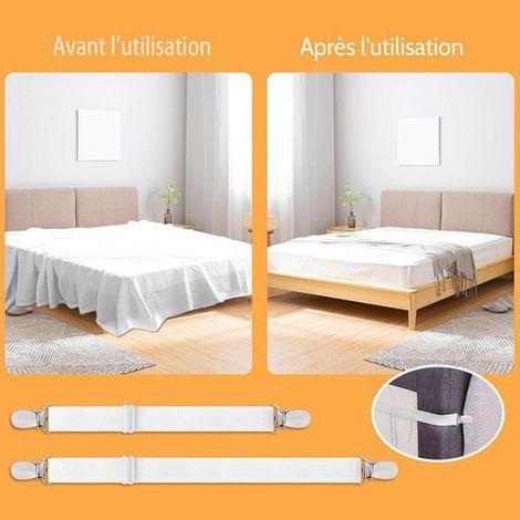 Attache Drap Housse - 6 Pièces (2 Longues + 4 Courtes) - Élasticité Réglable Jusqu’à 160 cm - Pour Lit Matelas Sommier - Blanc (1/5)
